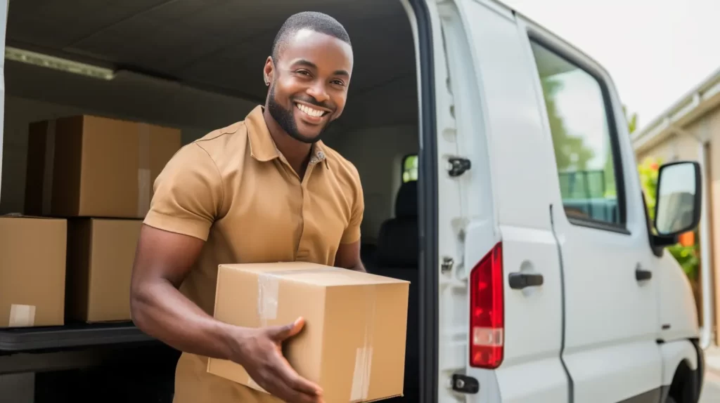 smiling courier coming out of a delivery truck with a package
